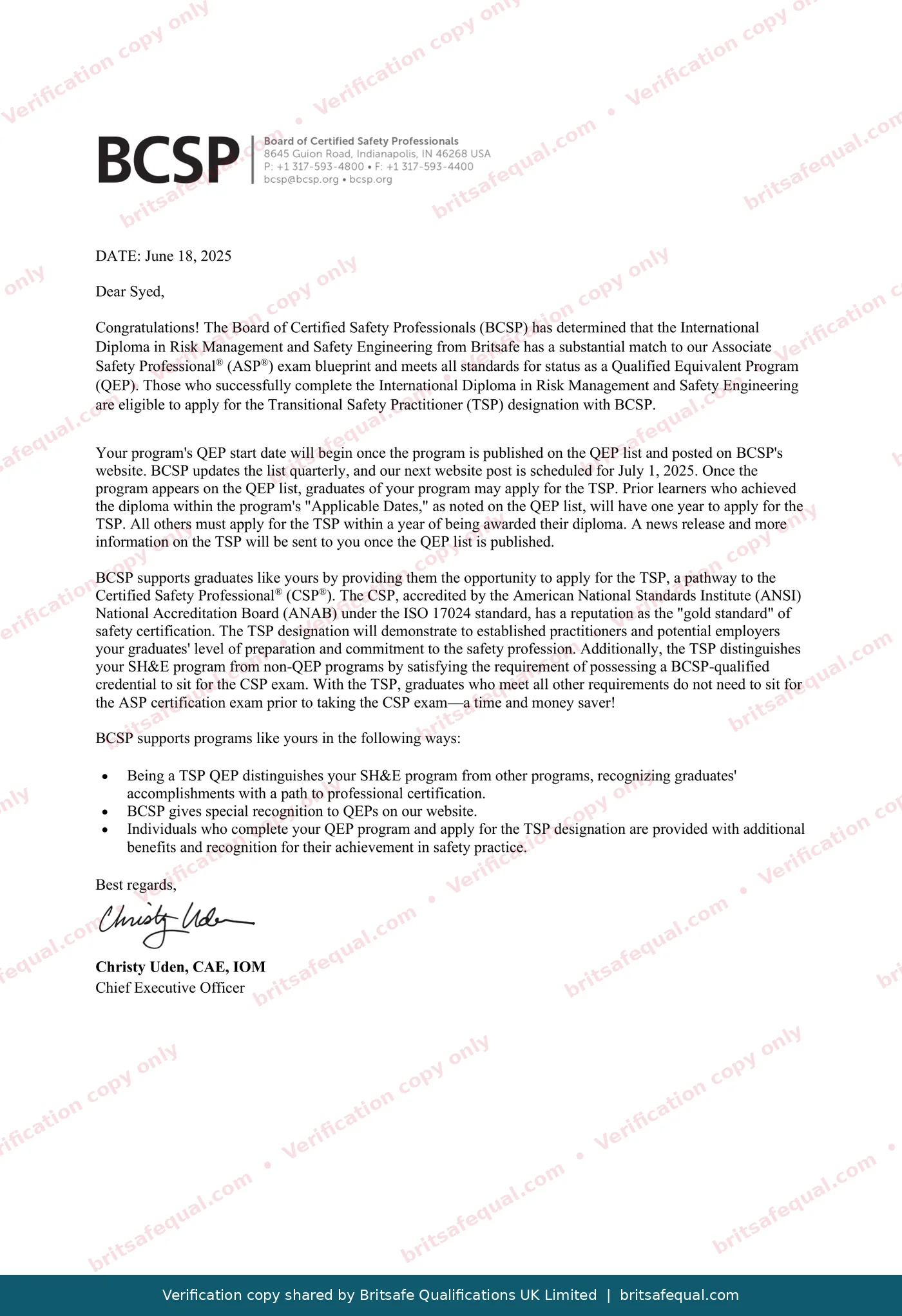 BCSP QEP approval letter for the Britsafe International Diploma in Risk Management and Safety Engineering