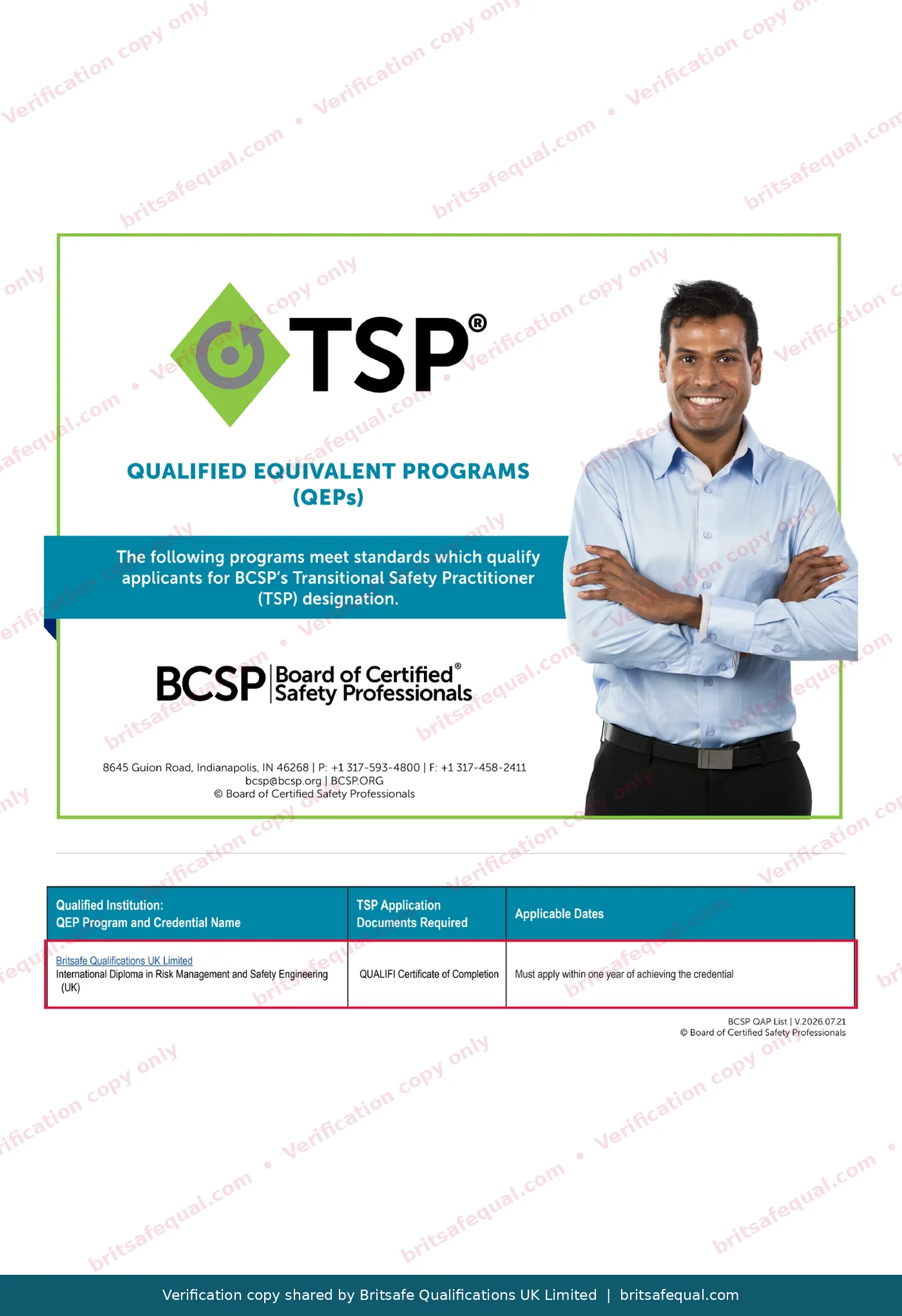 BCSP QEP list cover and Britsafe entry for the International Diploma in Risk Management and Safety Engineering