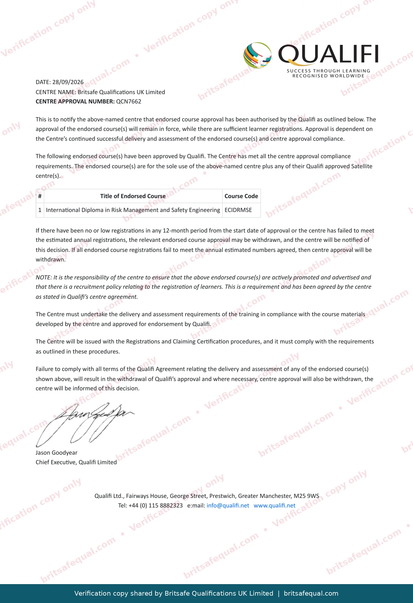 Qualifi endorsed course approval, International Diploma in Risk Management and Safety Engineering, code ECIDRMSE
