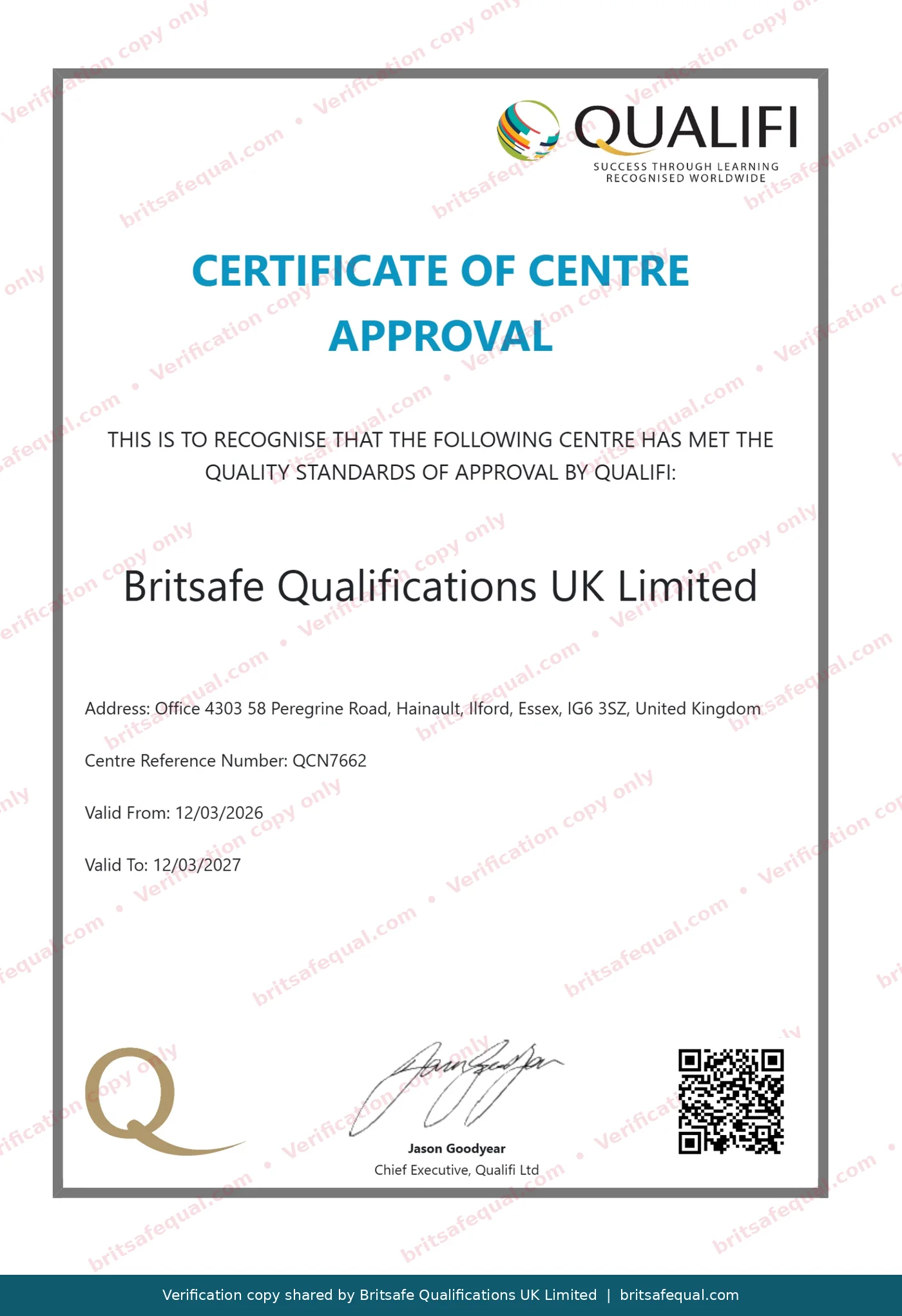 Sample Qualifi Certificate of Completion for the International Diploma in Risk Management and Safety Engineering