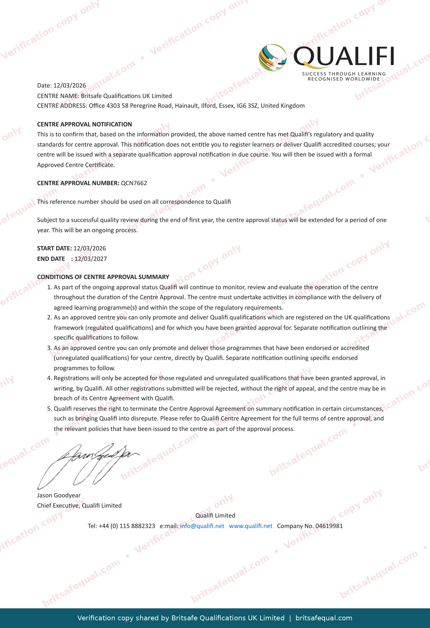 Qualifi notification of centre approval for Britsafe Qualifications UK Limited, QCN7662